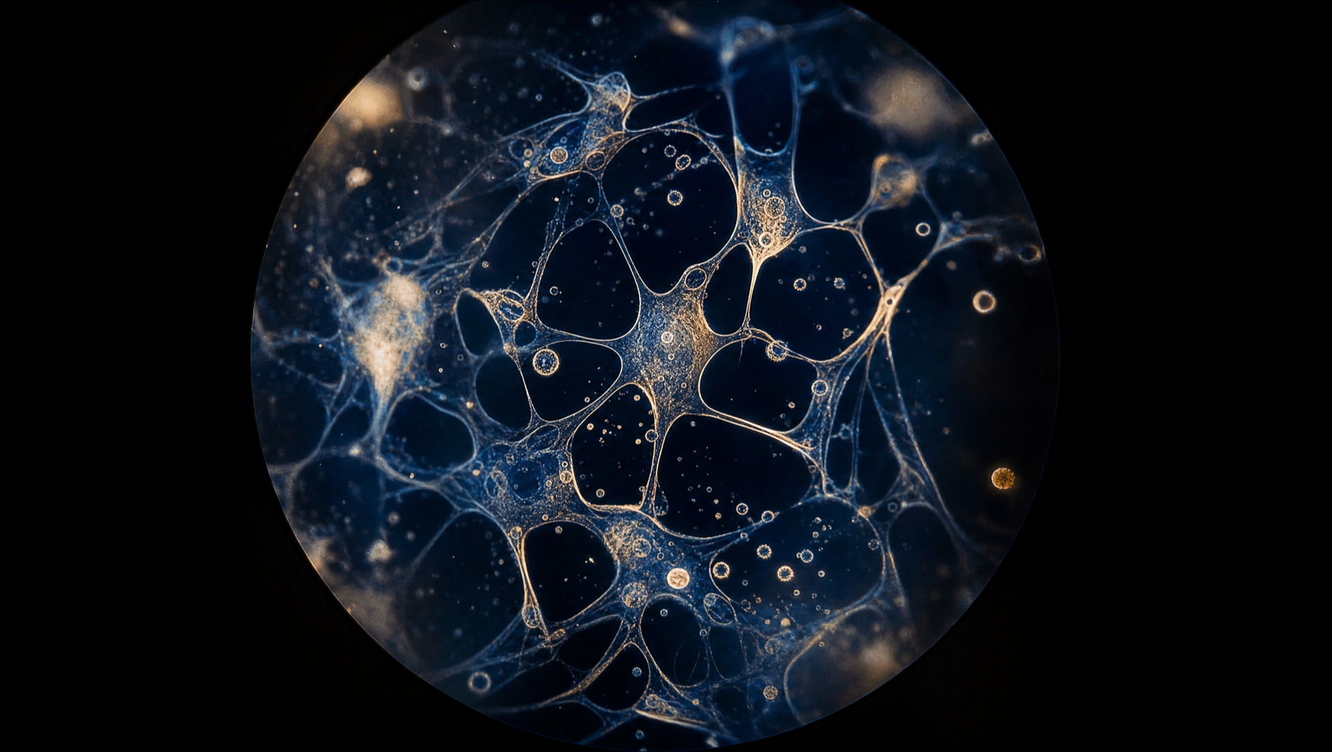 Editorial microscopy still: cultured cells lit by a single warm light against deep navy, shallow depth of field.